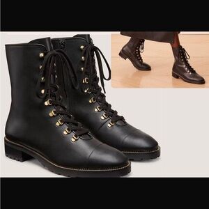 Stuart Weitzman Black Lace-Up Boots with Gold Accents